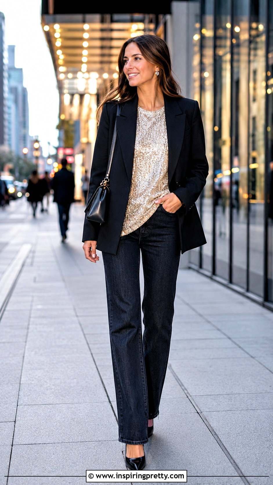 Long Sparkly Top With Blazer And Jeans - 20 long sparkly top outfit ideas