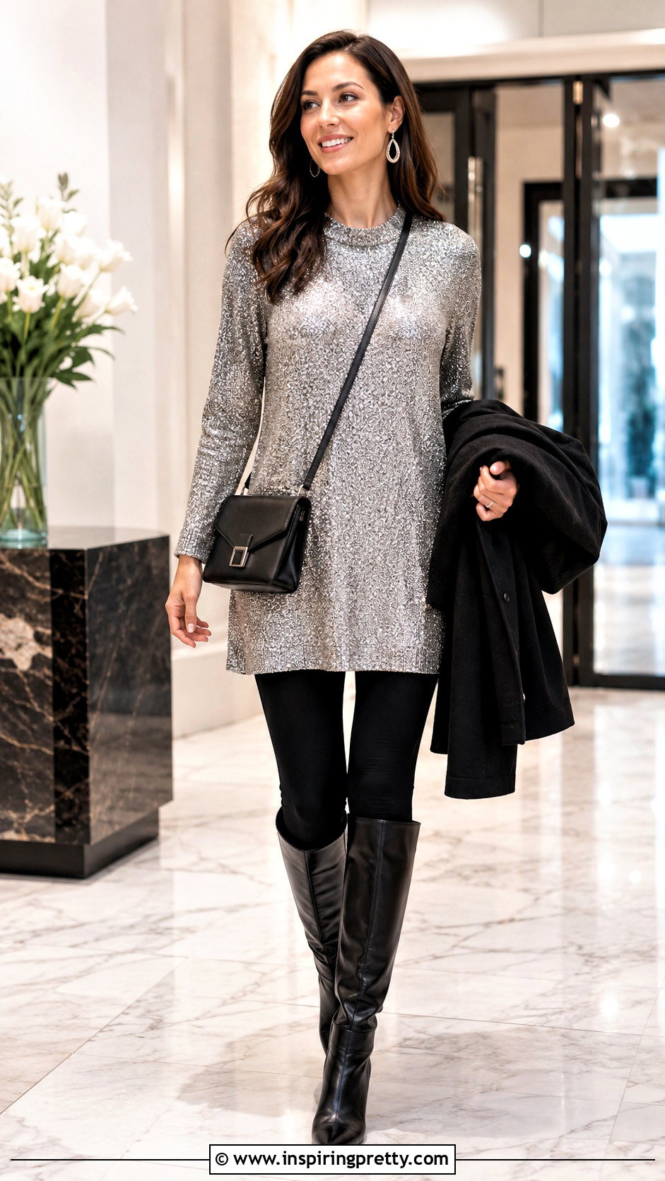 Long Sparkly Top With Leggings And Knee Boots - 20 long sparkly top outfit ideas