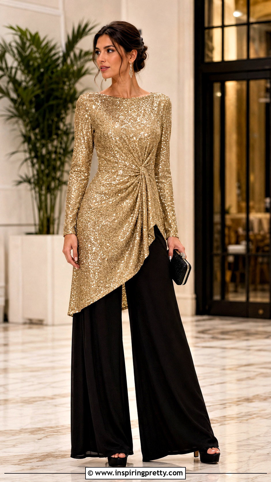 Long Sparkly Top With Palazzo Pants - 20 long sparkly top outfit ideas