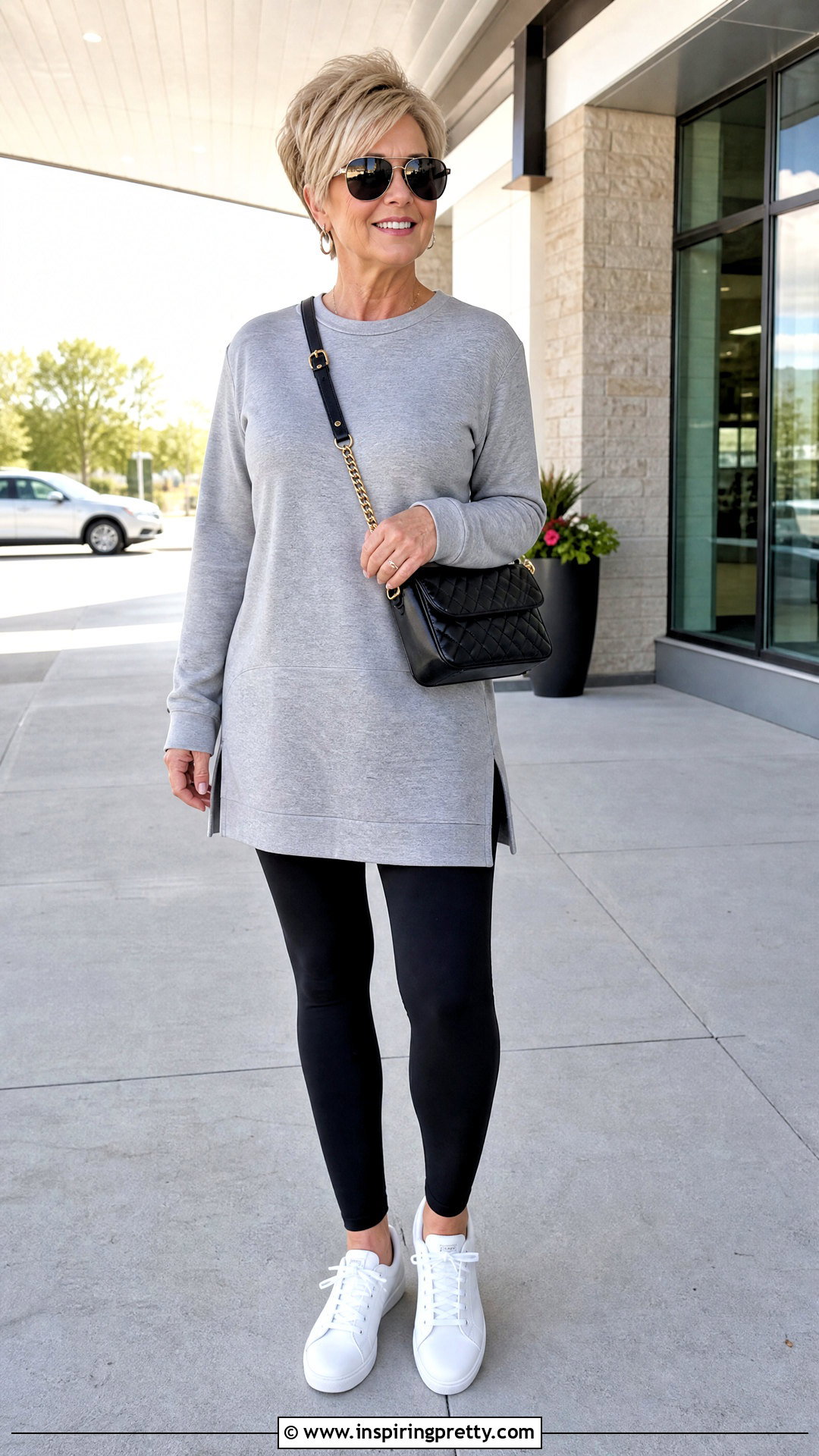 Long Sweatshirt With Leggings And Sneakers - 20 tops to wear with leggings over 50 outfit ideas