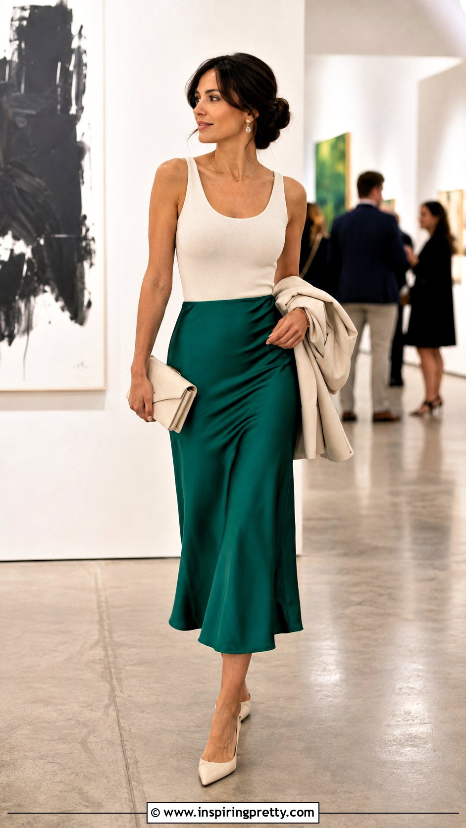 Long Tank Top With Satin Midi Skirt And Heels - 50 long tank top outfit ideas