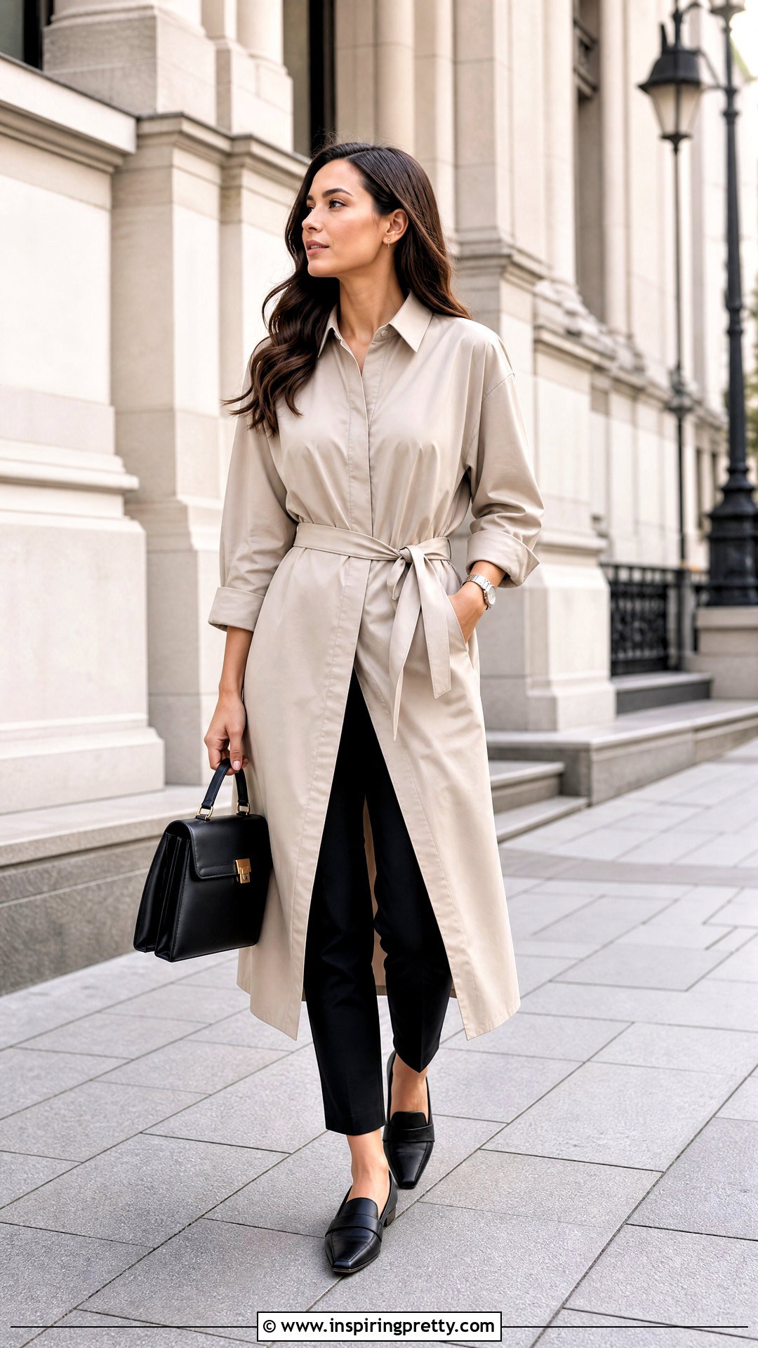 Long Trench Shirt With Slim Trousers - 50 long top outfit ideas