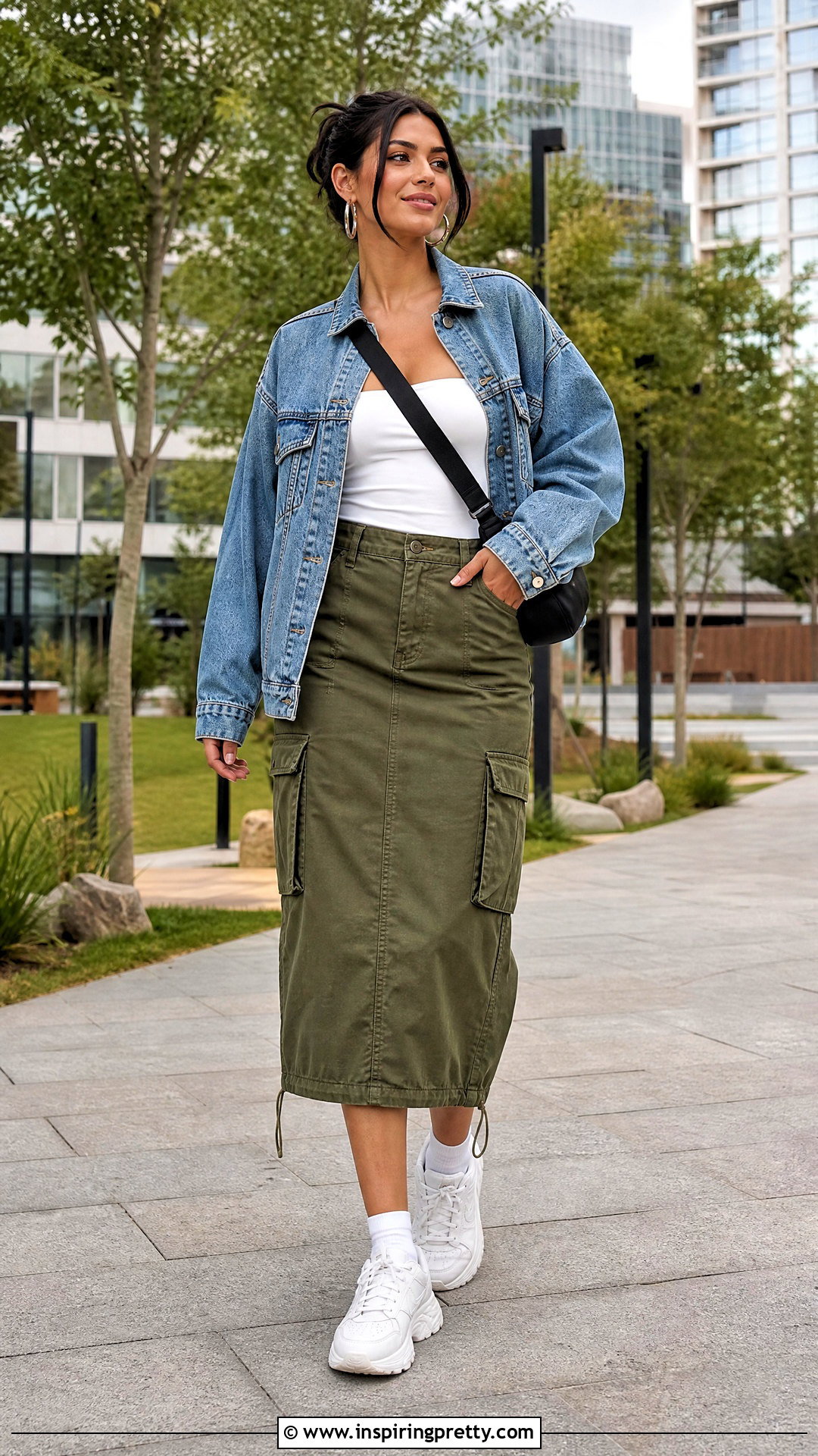 Long Tube Top With Denim Jacket And Cargo Skirt - 50 Long Tube Top Outfit ideas