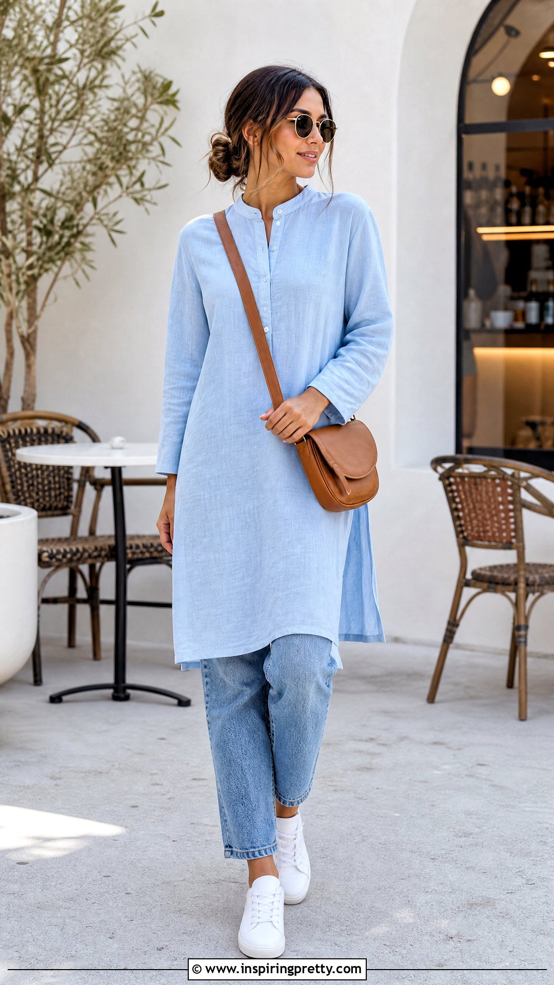 Long Tunic Top With Straight Leg Jeans - 50 modest summer tops outfit ideas