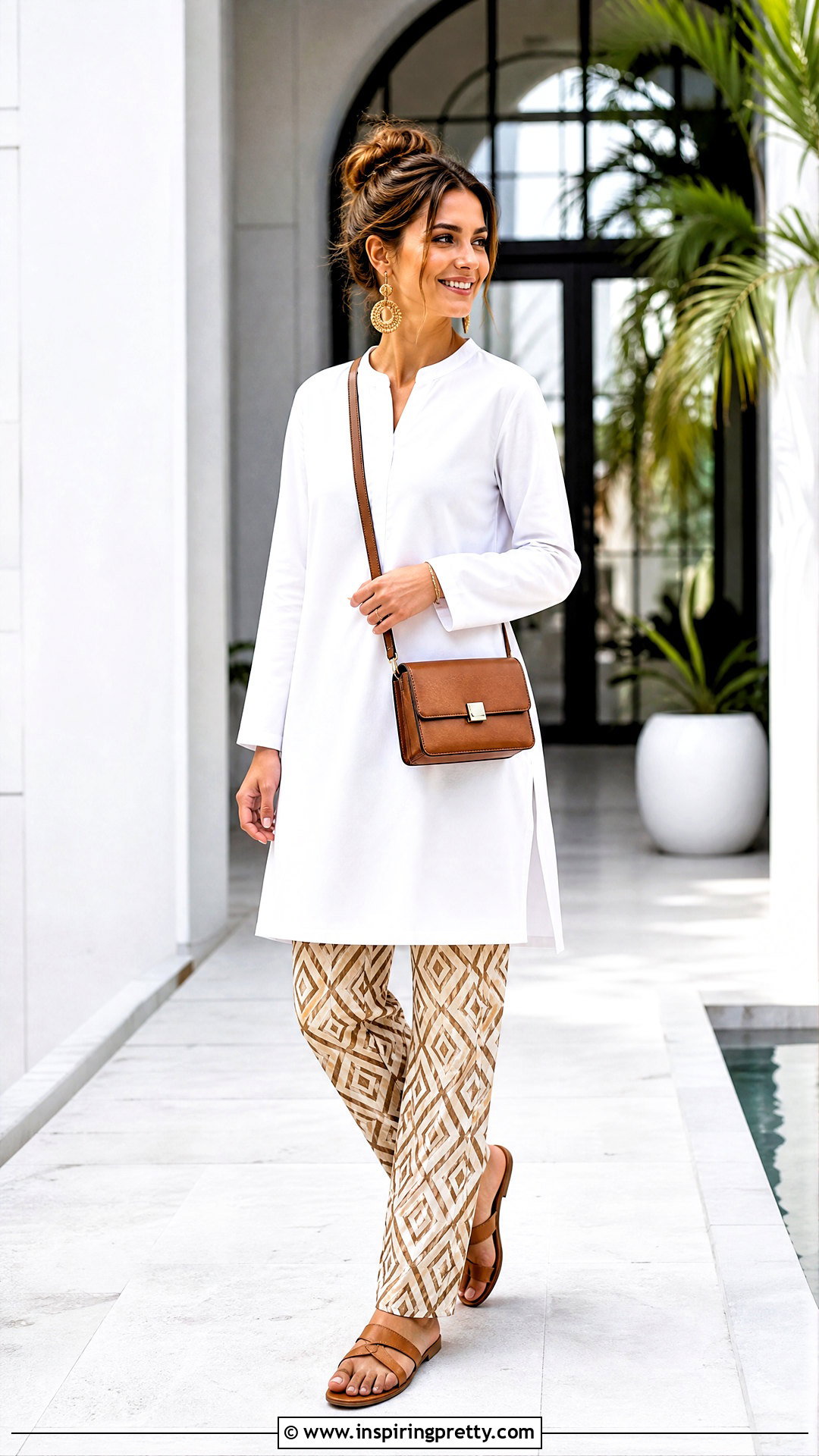 Long White Top With Printed Straight Pants - 50 modest summer tops outfit ideas