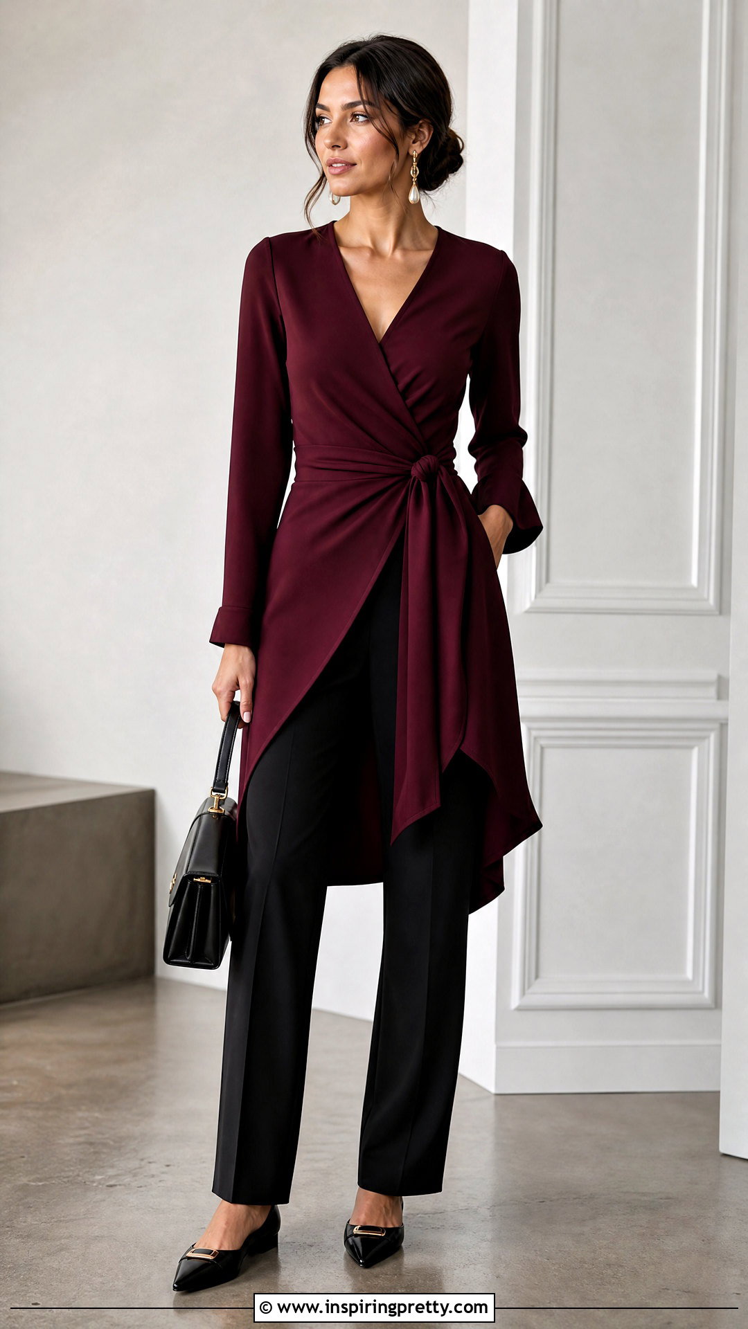 Long Wrap Top With Straight Pants - 50 long top outfit ideas