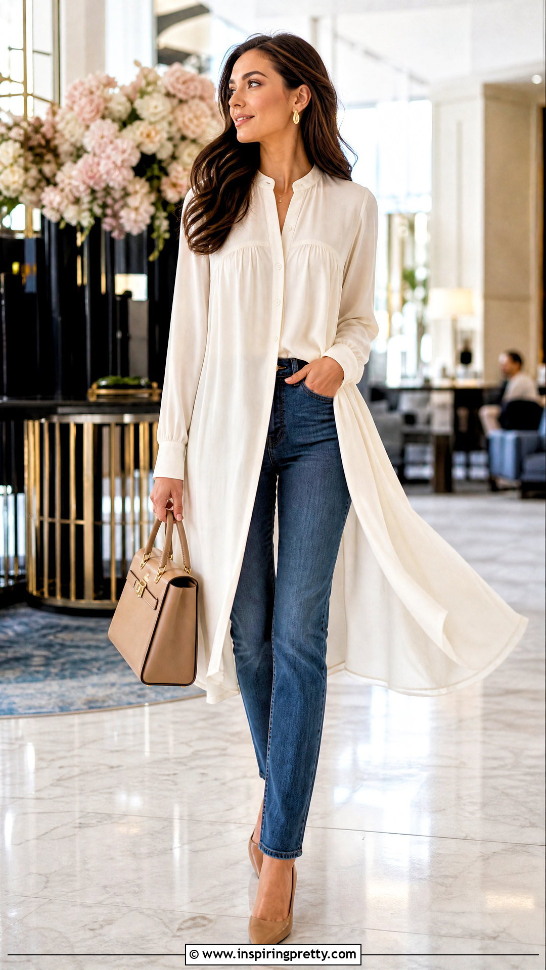 Longline Blouse Slim Jeans And Pointed Flats - 50 Jeans And Tops For Women
