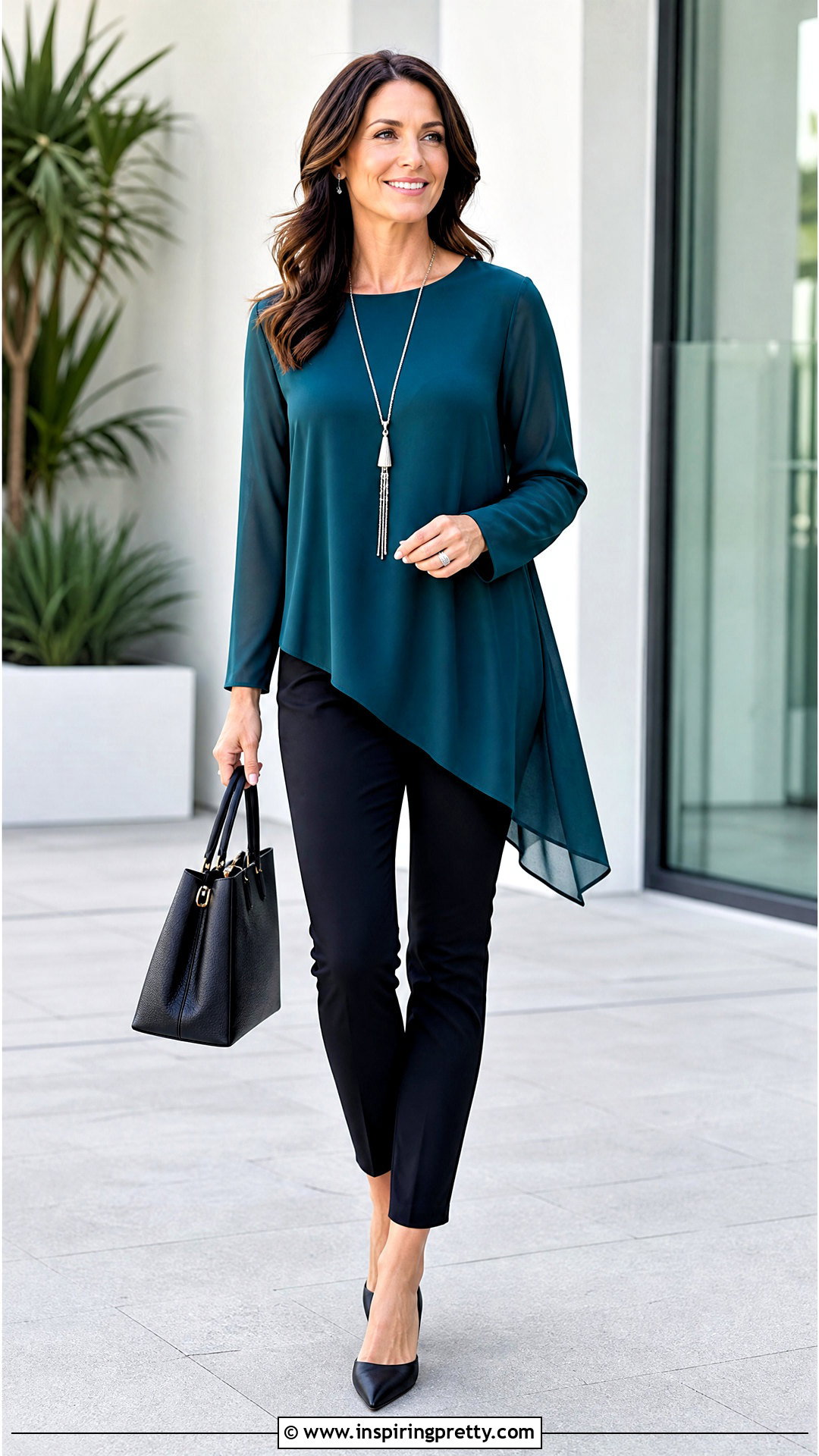 Longline Chiffon Top With Slim Pants - 50 chiffon tops outfit ideas