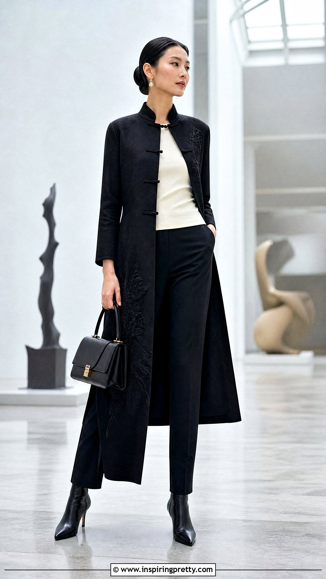 Longline Chinese Jacket With Slim Pants - 50 chinese top outfit ideas