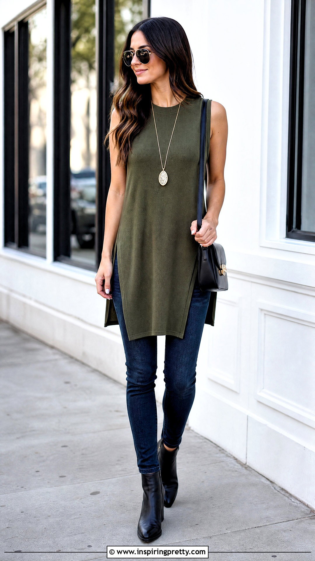 Longline Sleeveless Top With Skinny Jeans - 50 sleeveless tops outfit ideas