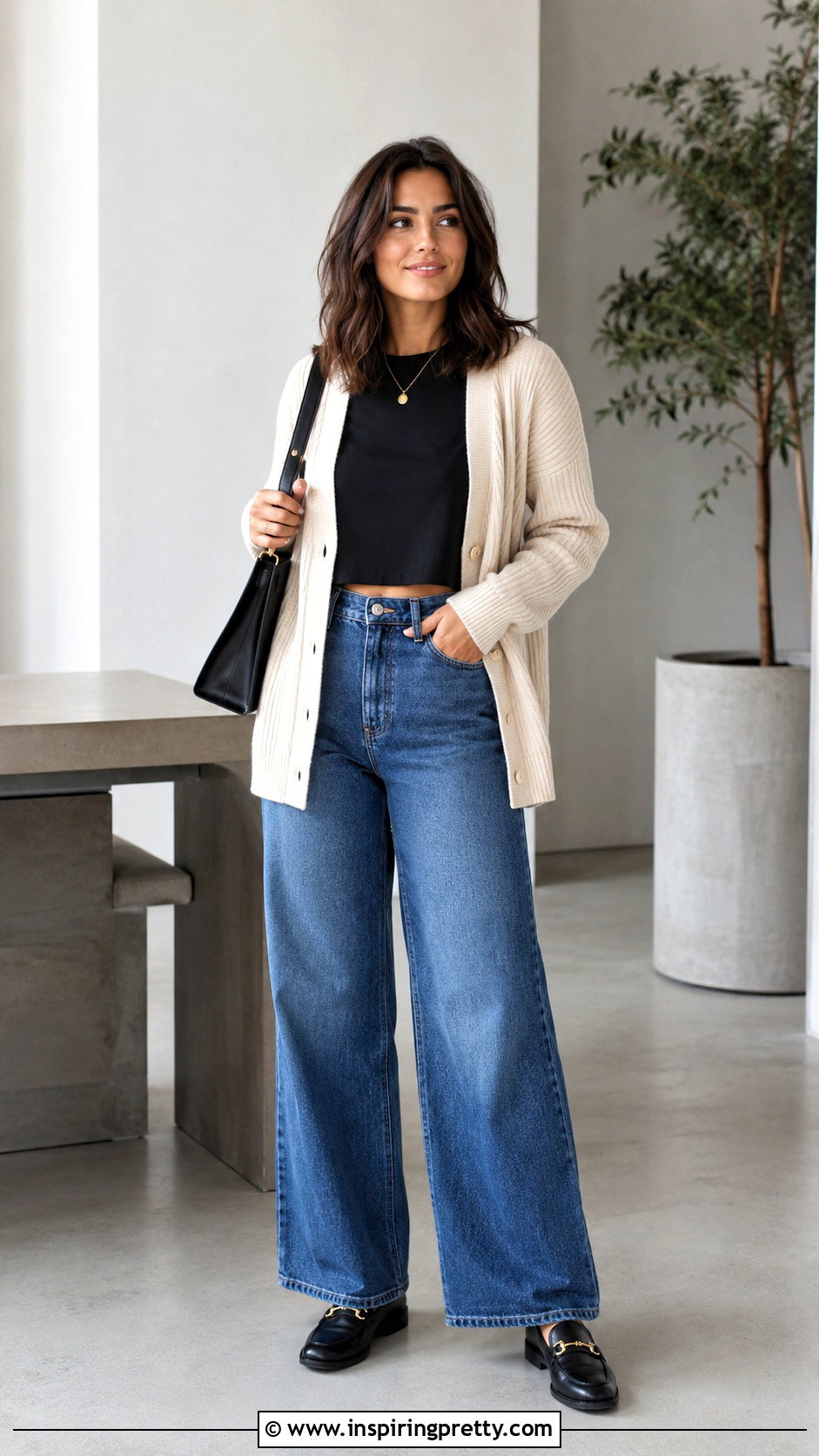 Loose Crop Top With Cardigan And Wide Leg Jeans - 50 loose crop top outfit ideas