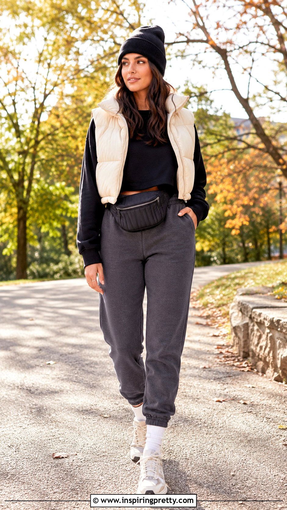 Loose Crop Top With Puffer Vest And Joggers - 50 loose crop top outfit ideas