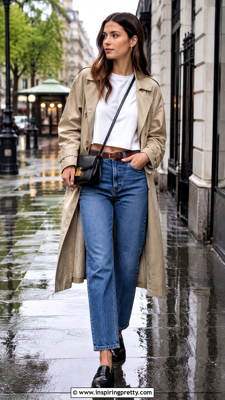 Loose Crop Top With Trench Coat And Jeans - 50 loose crop top outfit ideas