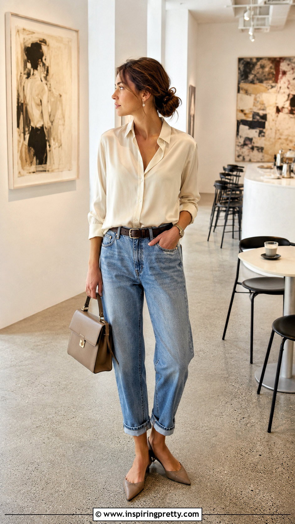 Loose Low Bun With Boyfriend Jeans And Silk Shirt - 50 hairstyles for jeans and tops