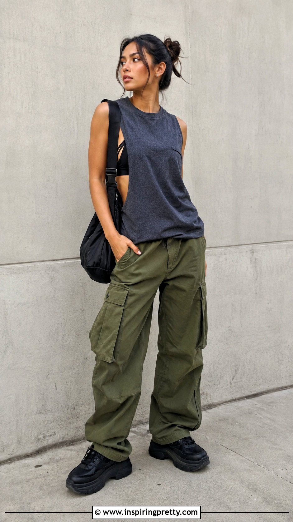 Loose Muscle Tank Top With Strappy Bralette And Cargo Pants - how to wear a bralette with a tank top (25 ways)