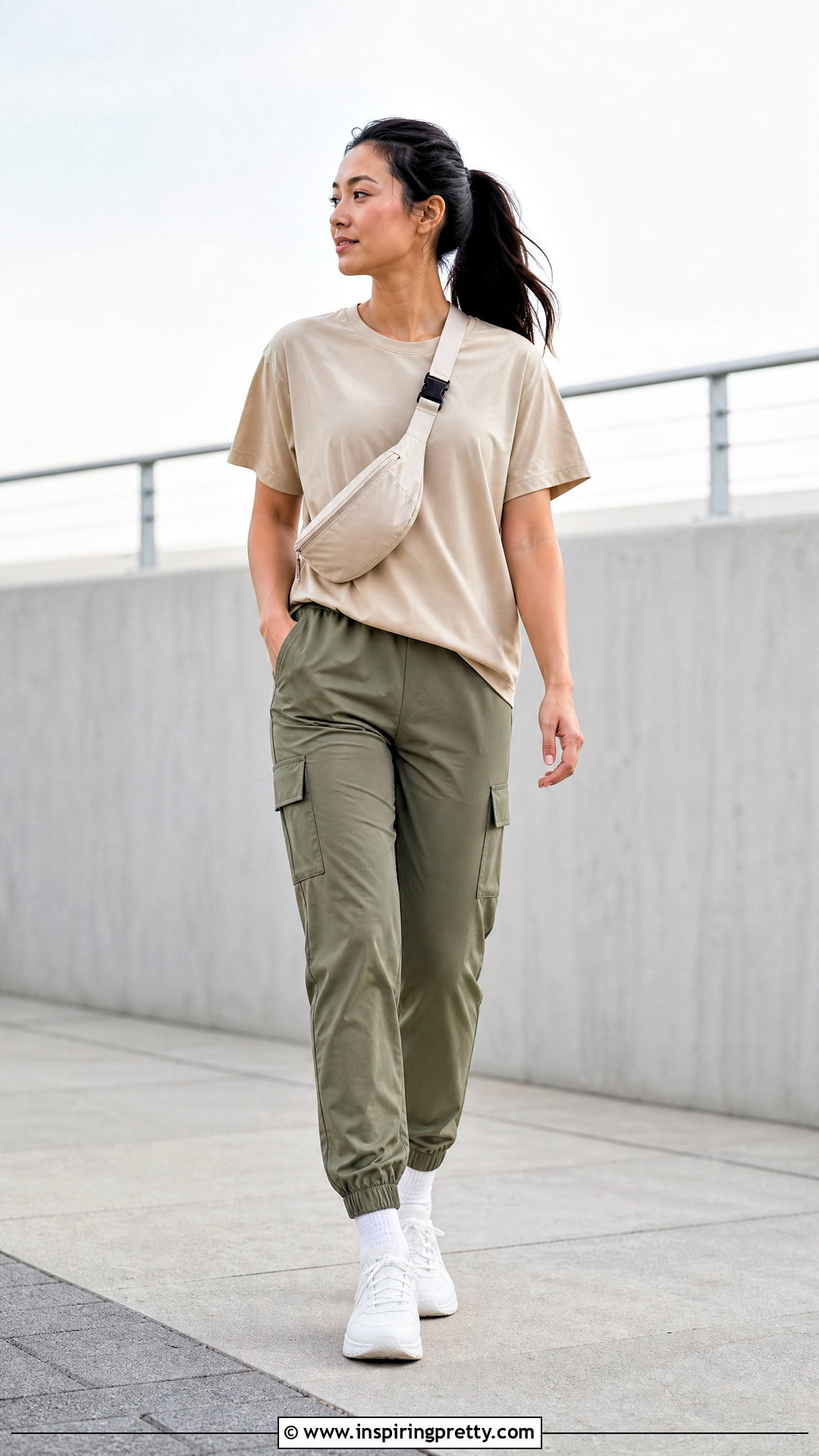 Loose Performance T Shirt With Cargo Joggers - 20 loose fitting workout tops outfit ideas