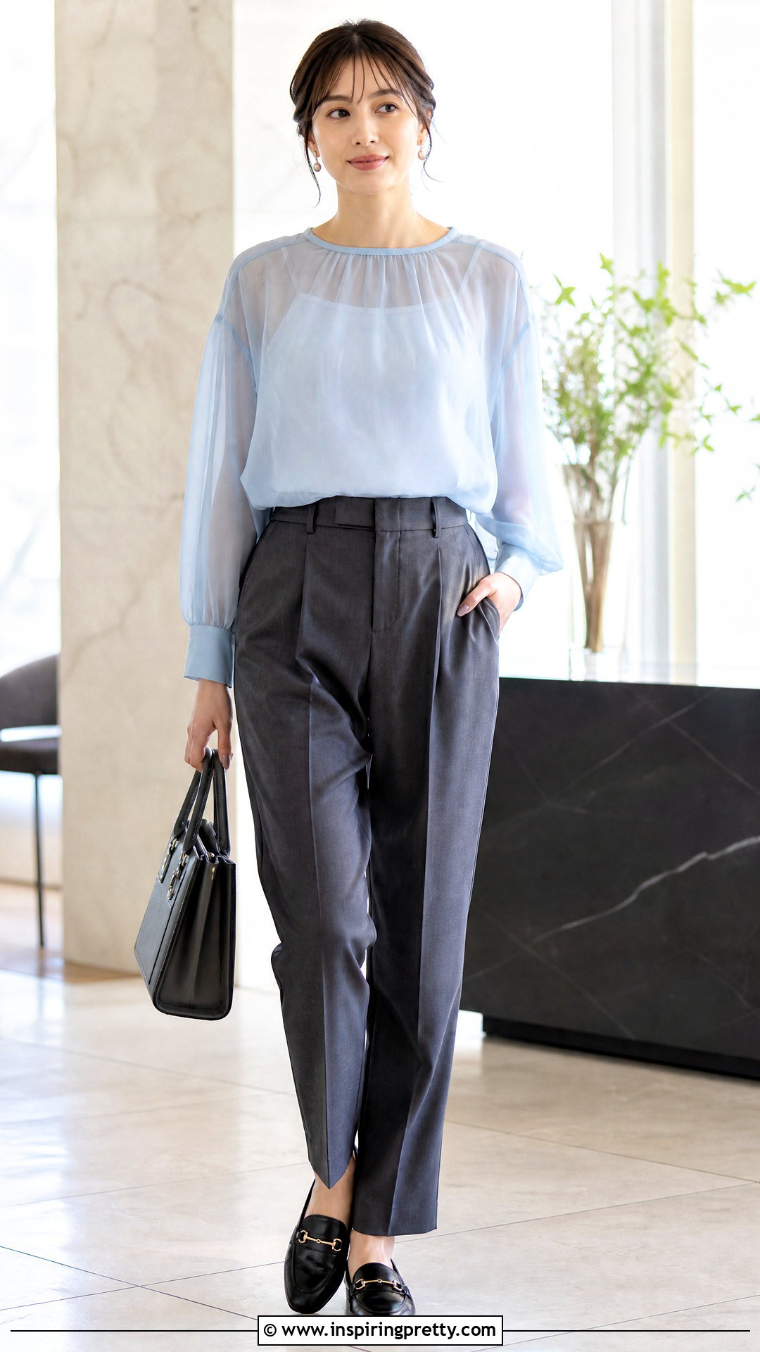 Loose Sheer Blouse And Tailored Pants Outfit - 50 loose top outfit ideas