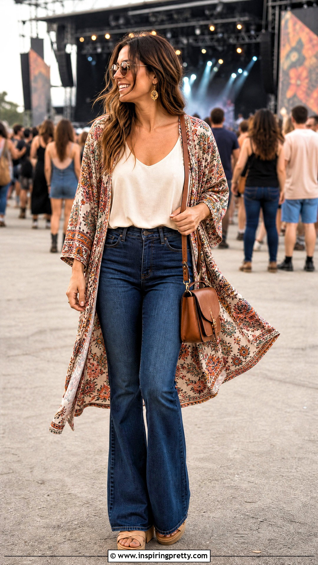 Loose Tank Top With Flare Jeans And Kimono - 25 Cute Loose Tank Tops outfit ideas