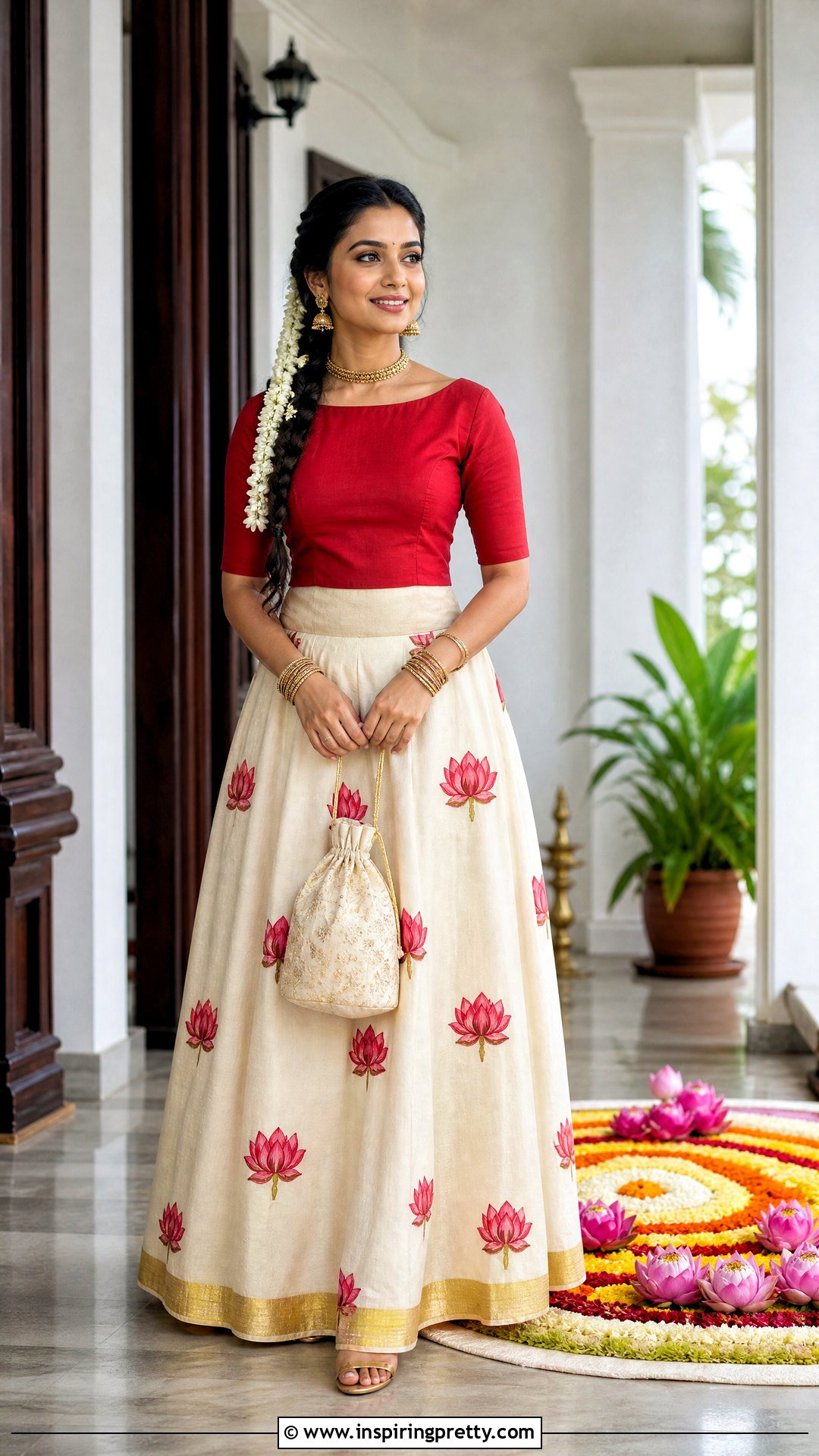 Lotus Print Onam Skirt And Solid Red Top - 50 latest onam skirt and top designs