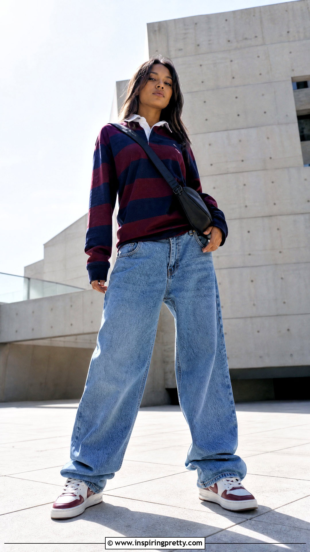 Low Angle Pose With Rugby Top And Baggy Jeans - 50 Photo Poses In Jeans Tops