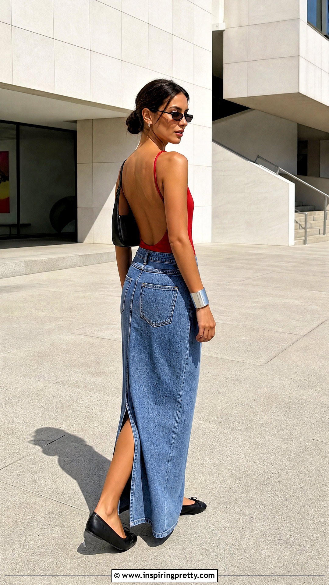 Low Back Vest Top With A Denim Maxi Skirt - 20 Low Back Vest Top outfit ideas