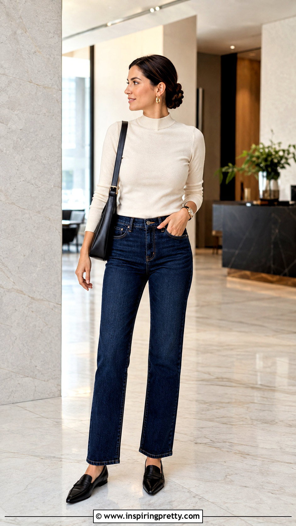 Low Braided Bun With Dark Jeans And High Neck Top - 50 hairstyles for jeans and tops