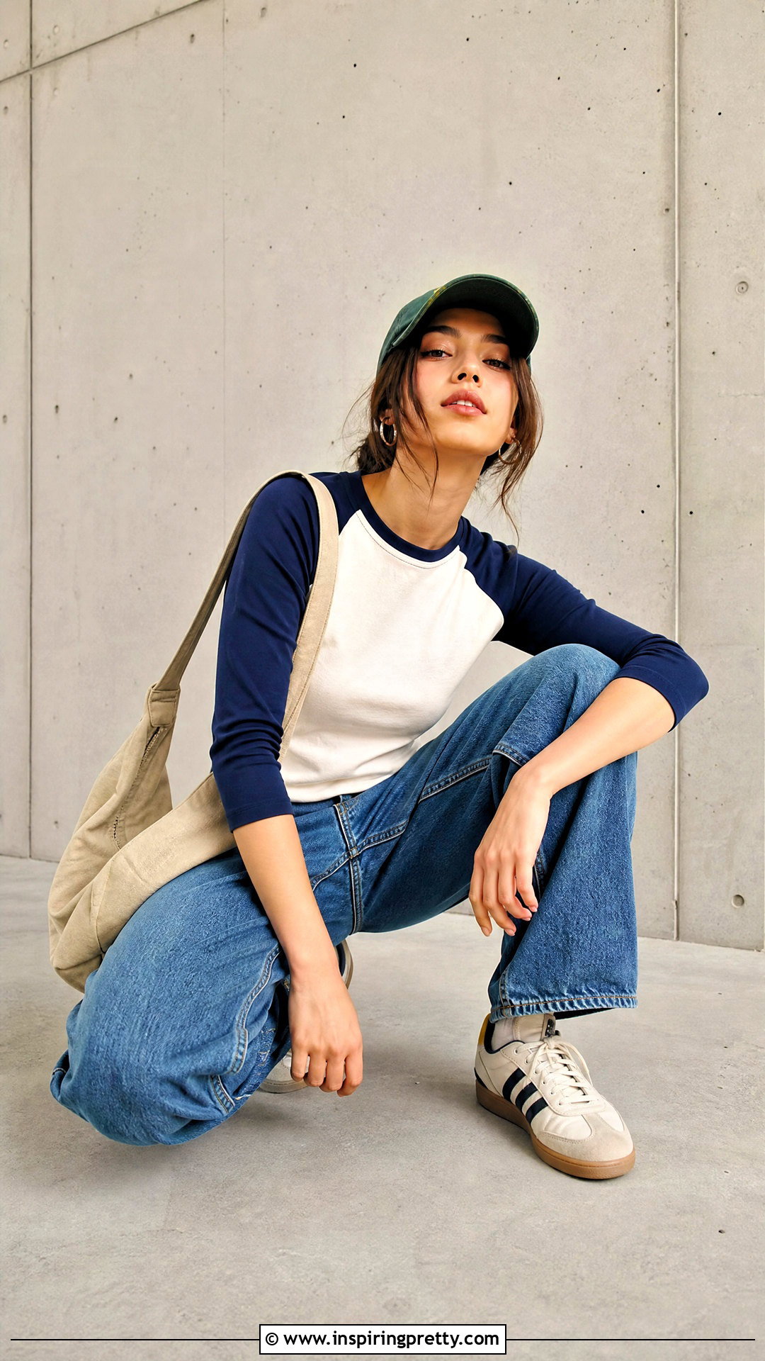 Low Crouch Pose With Baseball Tee And Carpenter Jeans - 50 Photo Poses In Jeans Tops