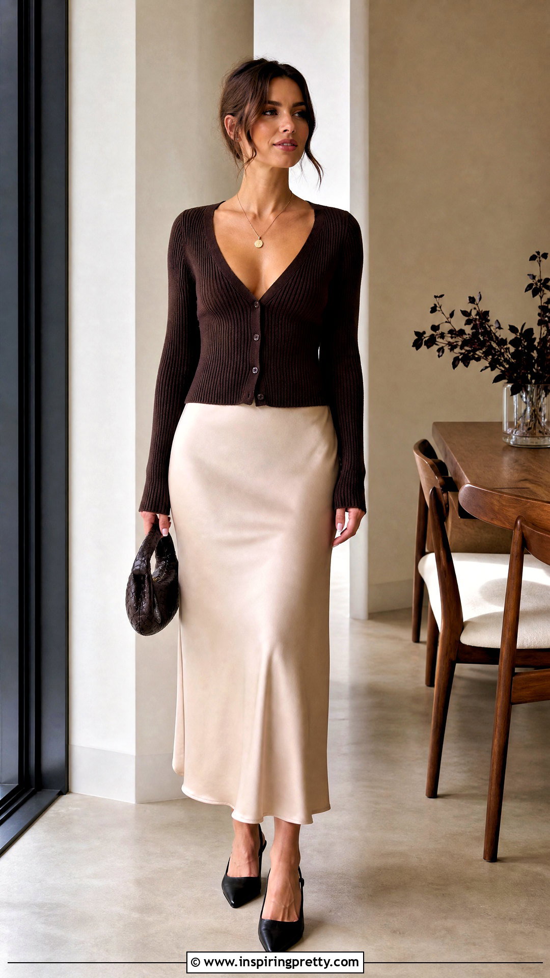 Low Cut Cardigan With Satin Slip Skirt - 25 cute cleavage tops outfit ideas
