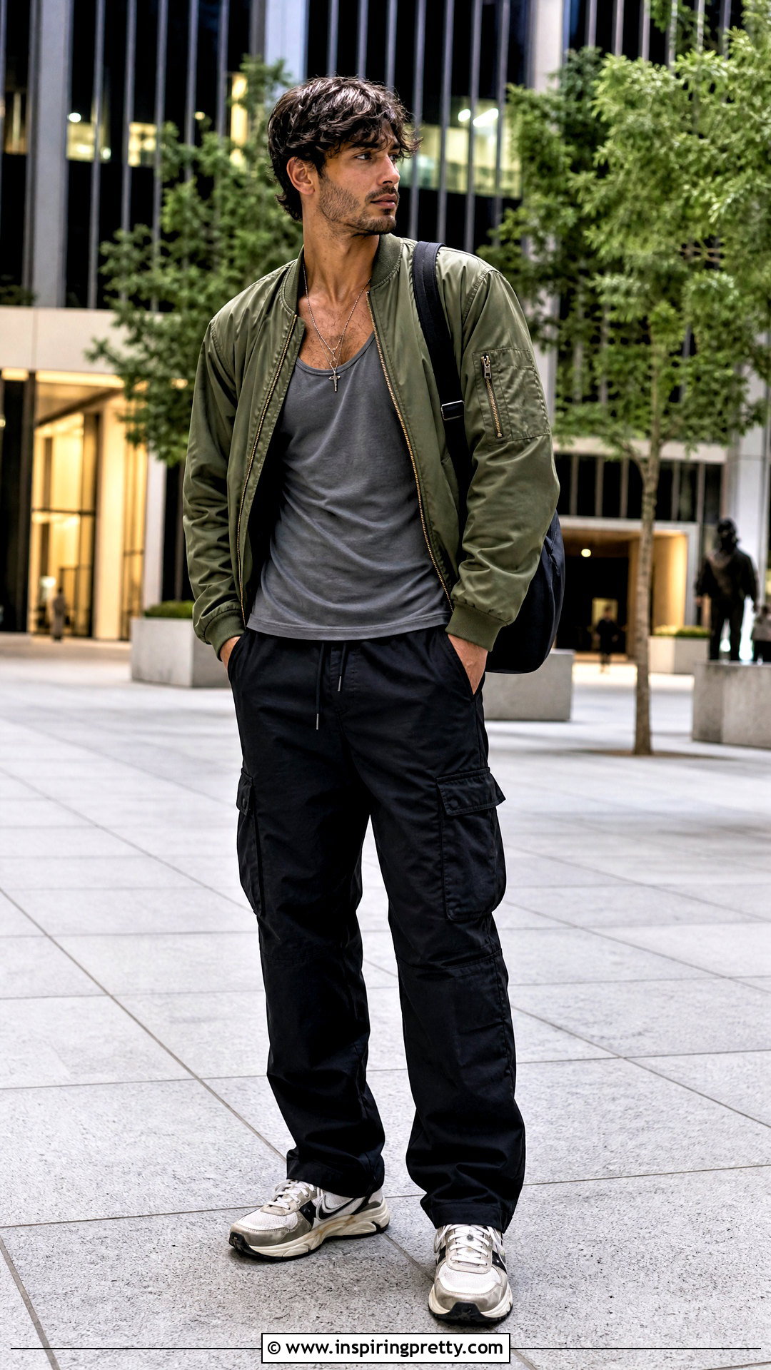 Low Cut Tank Top With Bomber Jacket And Cargos - 25 Low Cut Tank Top Men outfit ideas