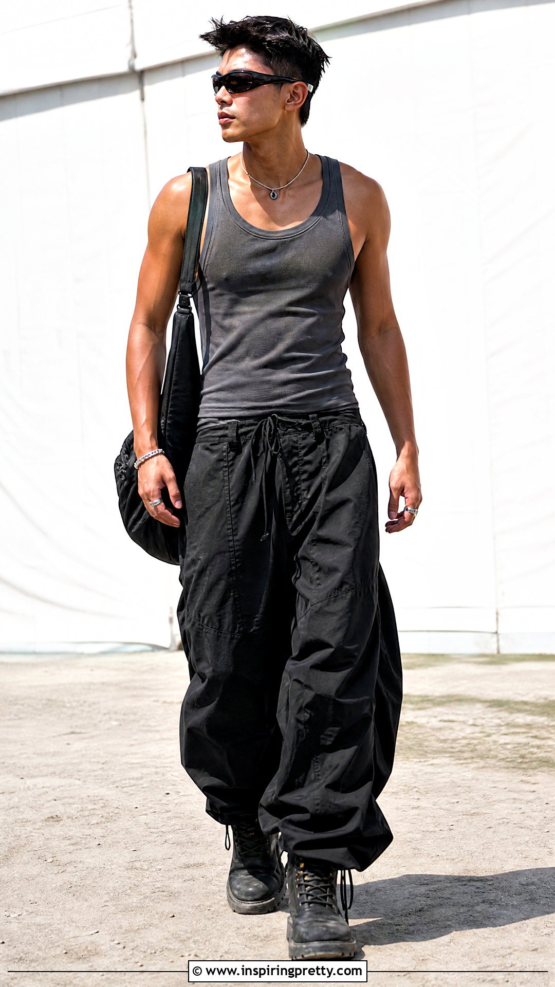 Low Cut Tank Top With Parachute Pants And Boots - 25 Low Cut Tank Top Men outfit ideas