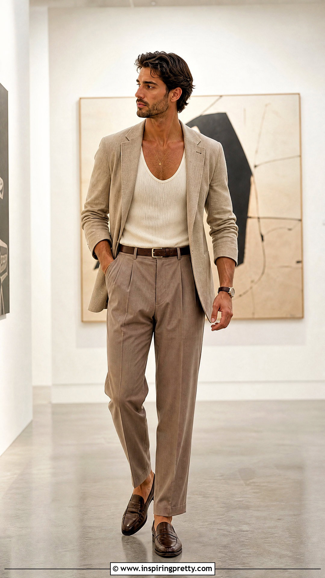 Low Cut Tank Top With Relaxed Blazer And Trousers - 25 Low Cut Tank Top Men outfit ideas