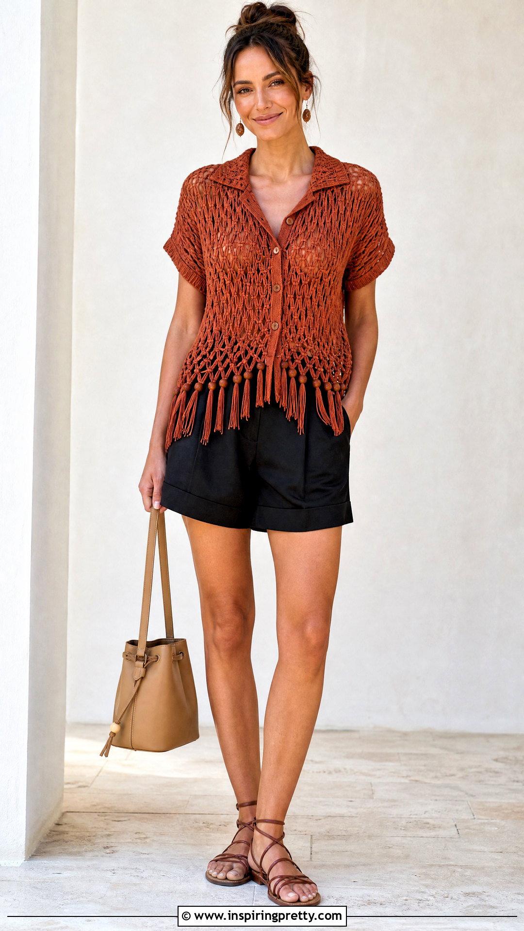Macrame Beaded Fringe Shirt With Black Shorts - 20 macrame top diy shirts