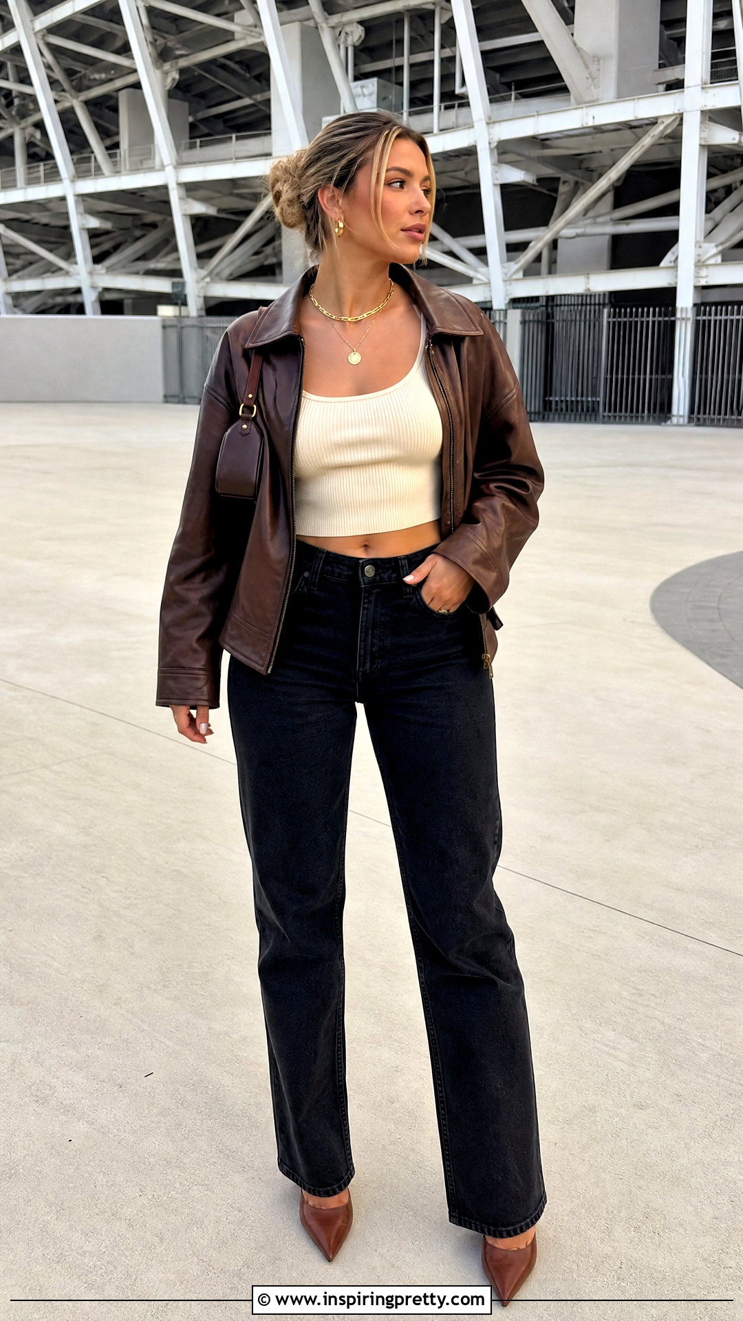 Madelyn Cline Cropped Cami With Brown Leather Jacket - 25 Madelyn Cline Crop Top outfit ideas