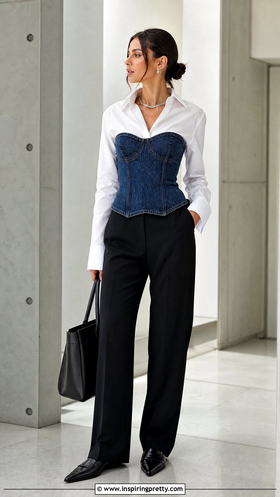 Magda Butrym Denim Top Over White Button Down Shirt - 20 Magda Butrym Denim Top outfit ideas