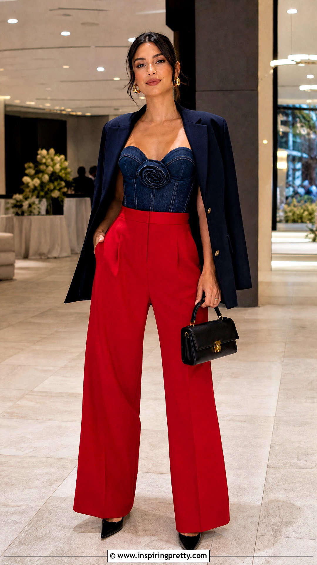 Magda Butrym Denim Top With Red Trousers - 20 Magda Butrym Denim Top outfit ideas