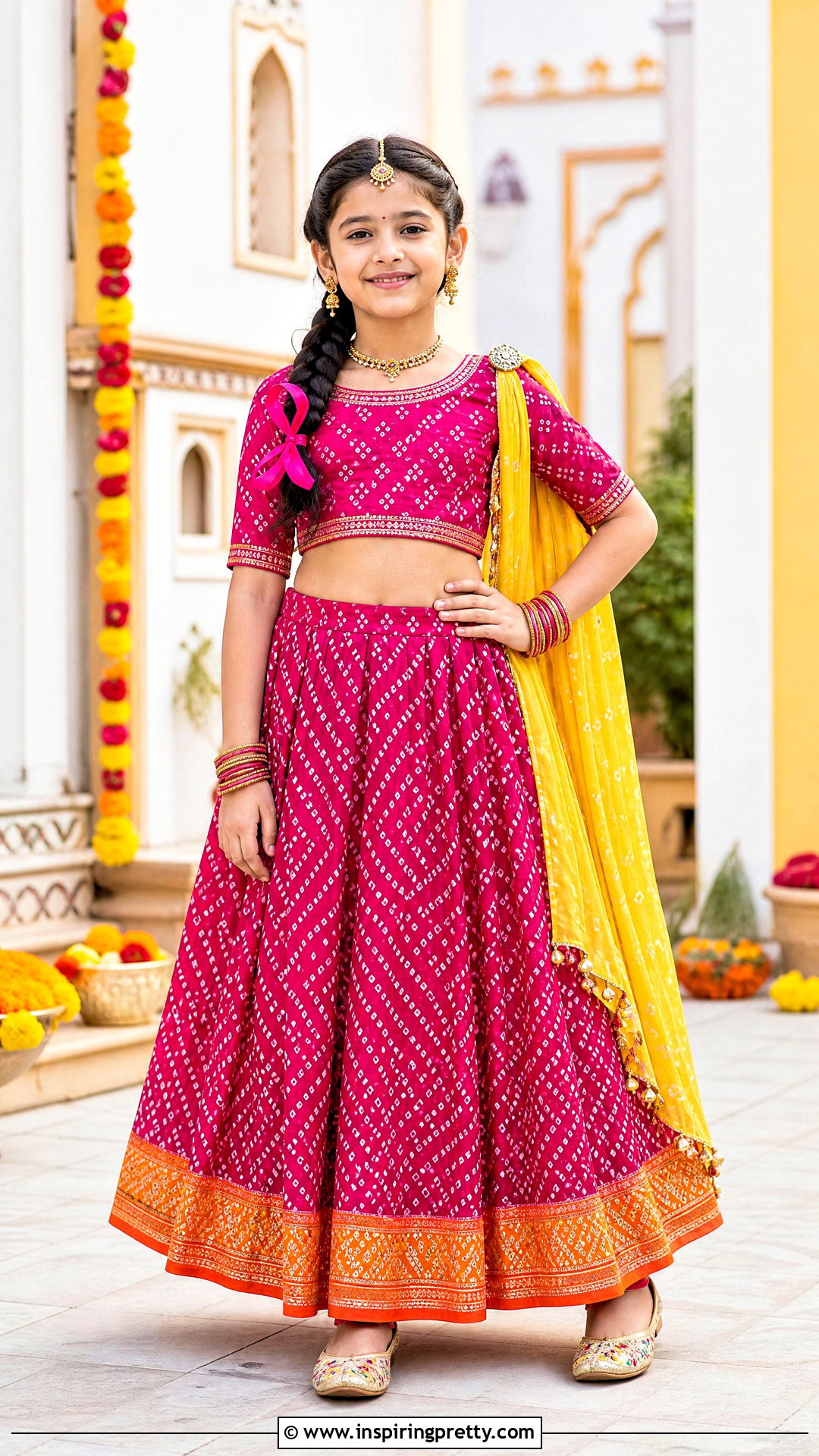 Magenta Bandhani Kids Crop Top Lehenga - 50 kids crop top lehenga designs