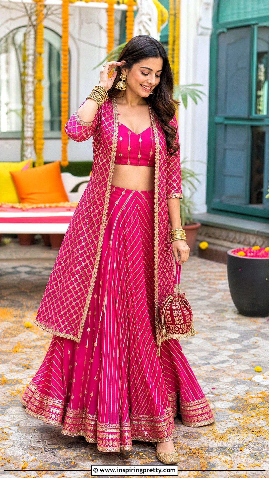 Magenta Crop Top Lehenga With Gota Jacket - 50 crop top lehenga with jacket outfit ideas