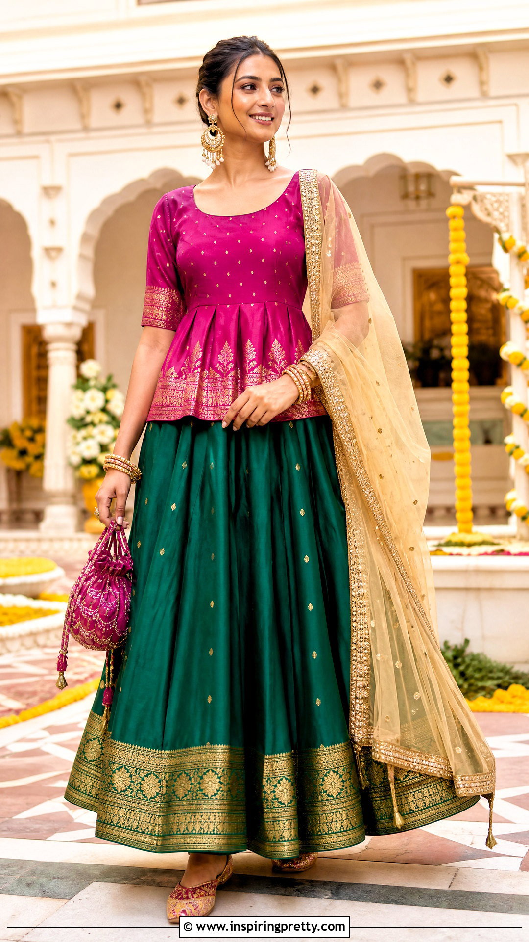 Magenta Indian Peplum Top With Green Lehenga - 50 indian peplum top outfits