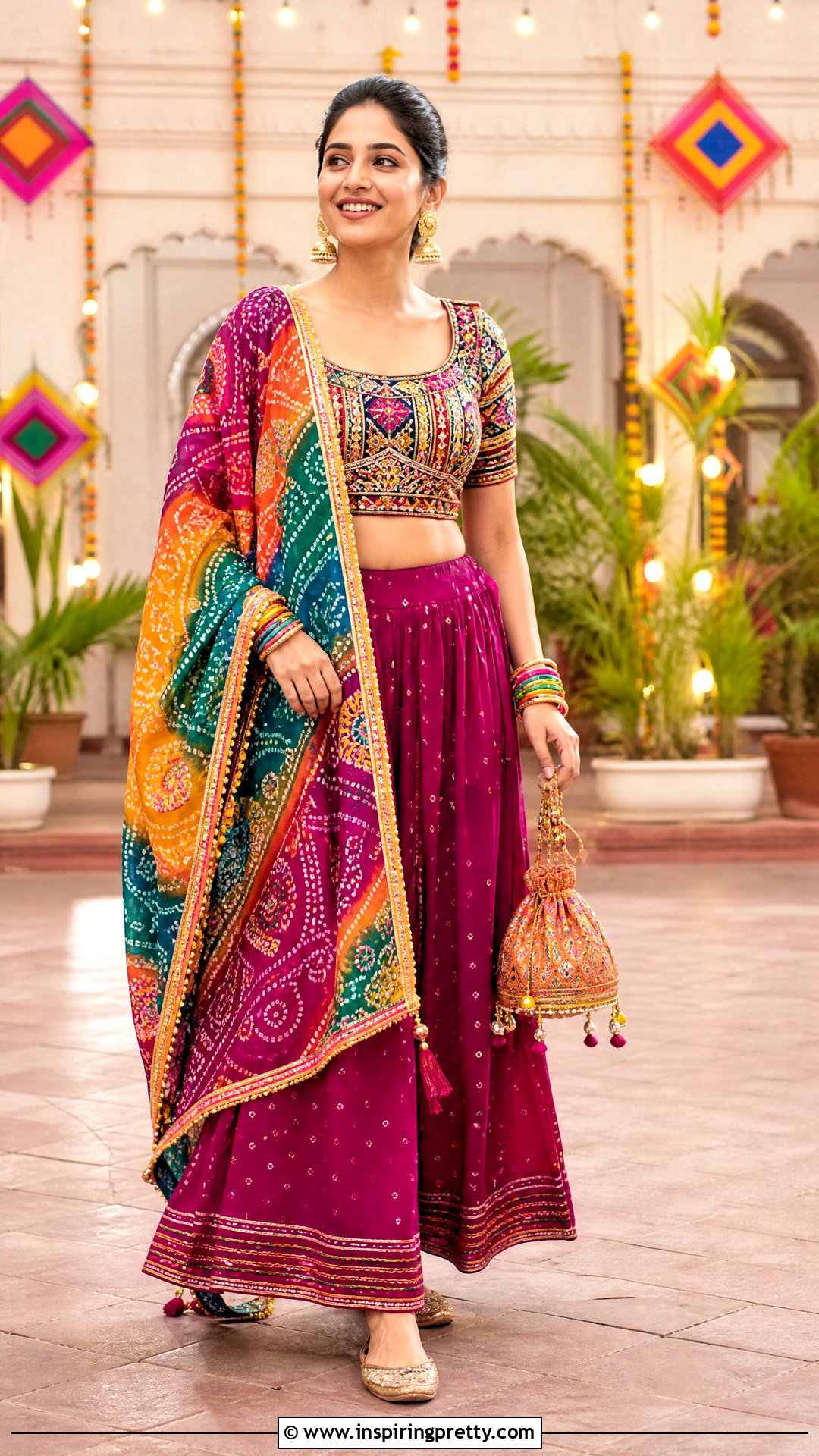 Magenta Palazzo With Bandhani Crop Top And Dupatta - 20 plazzo with crop top and dupatta outfit ideas