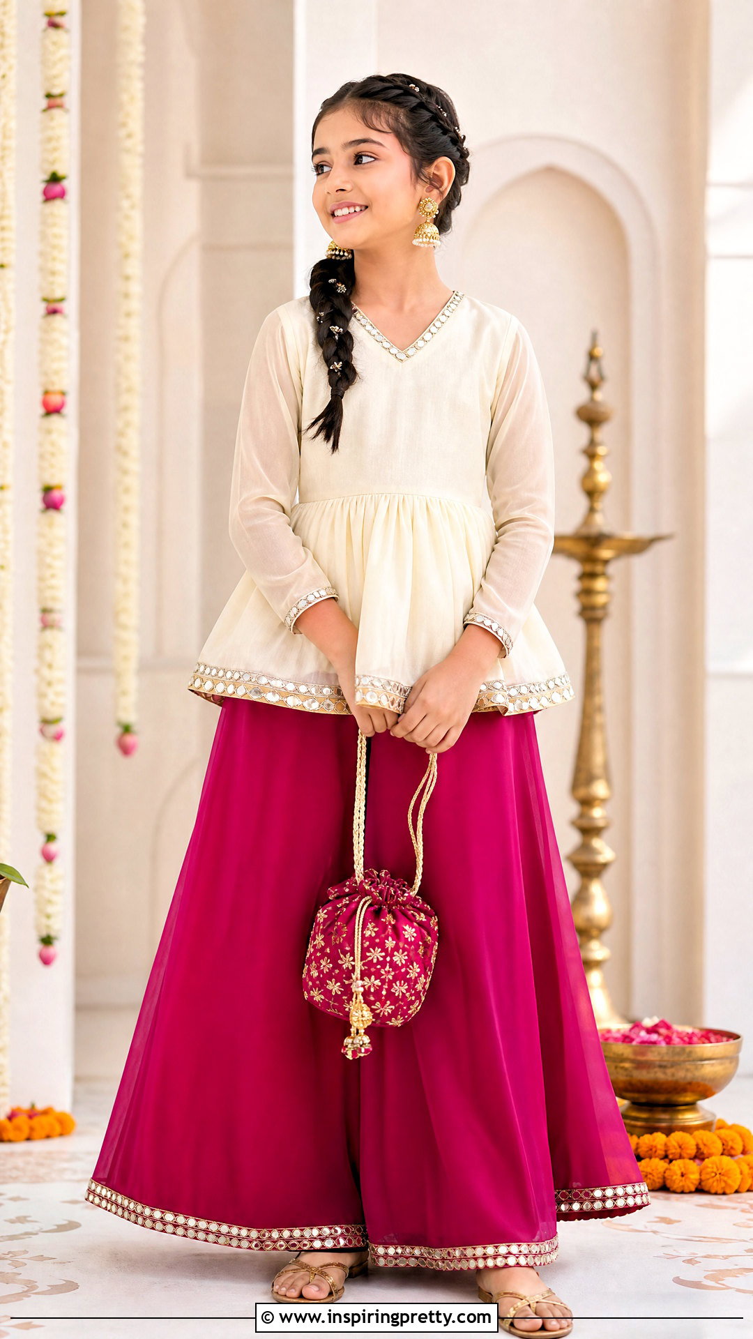 Magenta Palazzo With Mirror Work Top - 50 kids plazo with tops