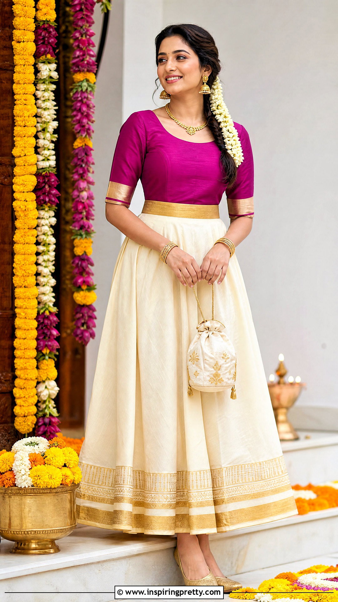Magenta Top And Cream Onam Skirt - 50 latest onam skirt and top designs