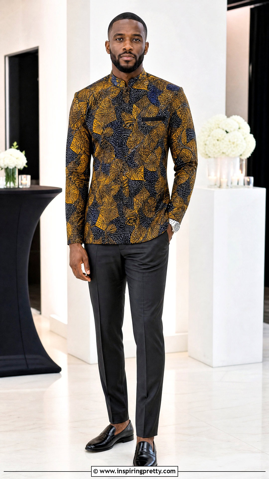 Mandarin Collar Ankara Top With Charcoal Pants - 50 ankara top for men outfit ideas