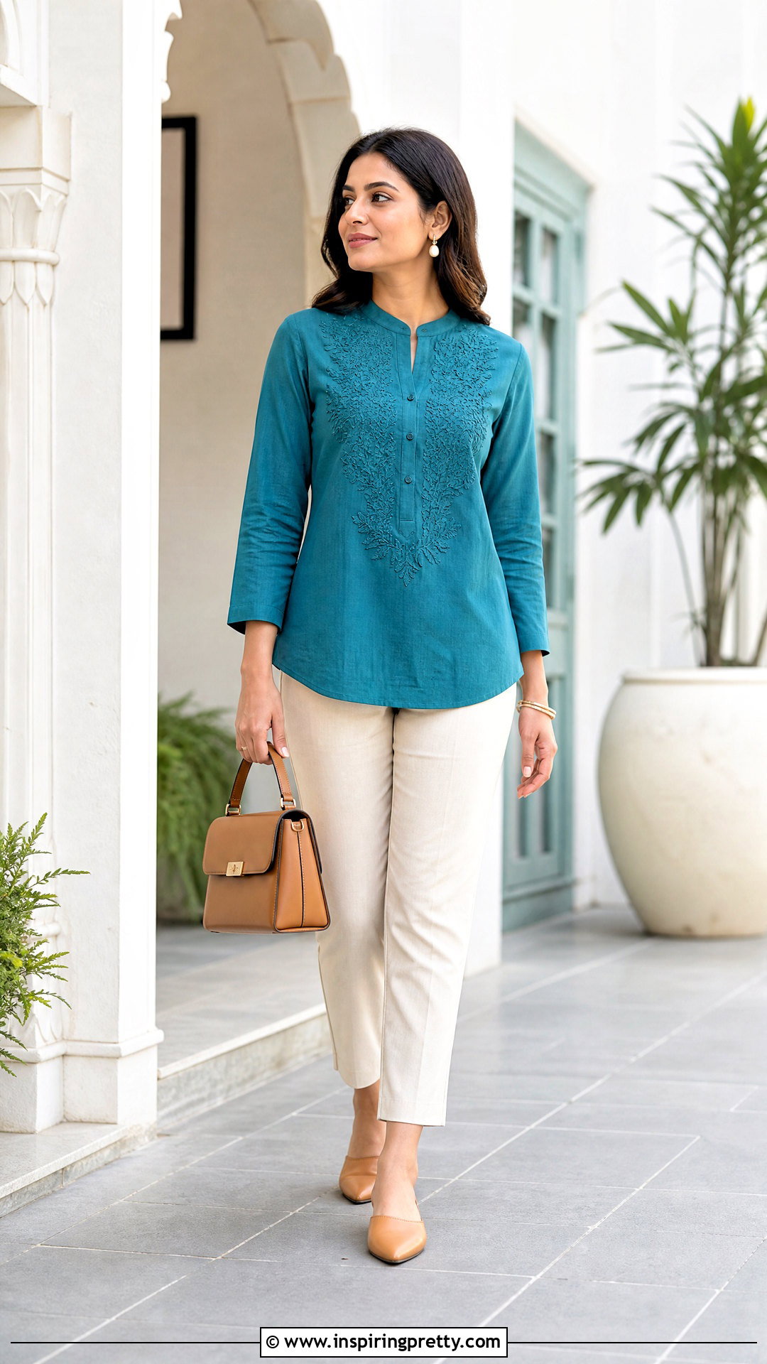 Mandarin Collar Cotton Top With Ankle Pants - 50 cotton top designs for women