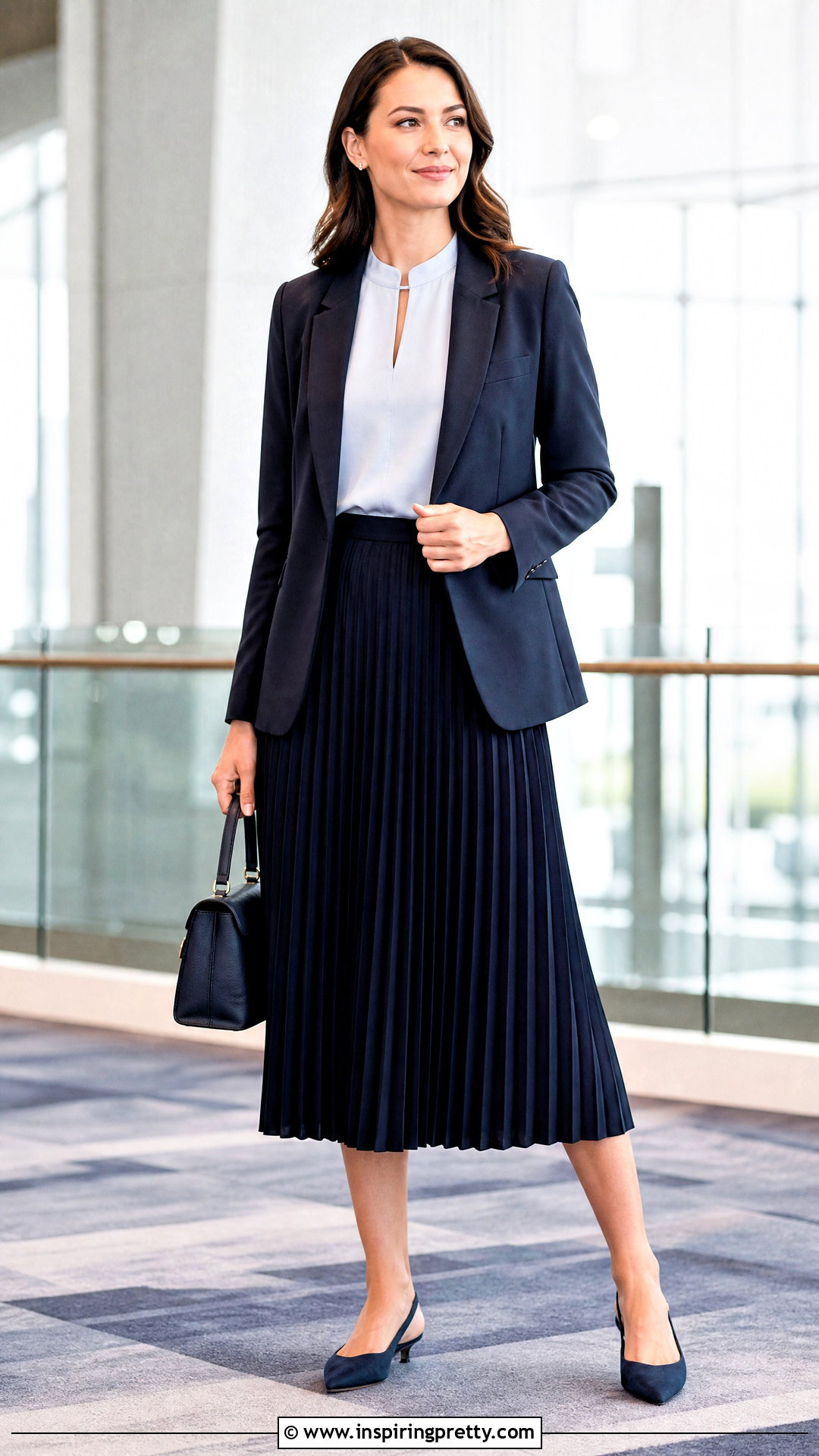 Mandarin Collar Keyhole Top With Blazer And Midi Skirt - 25 Mandarin Collar Keyhole Top outfit ideas
