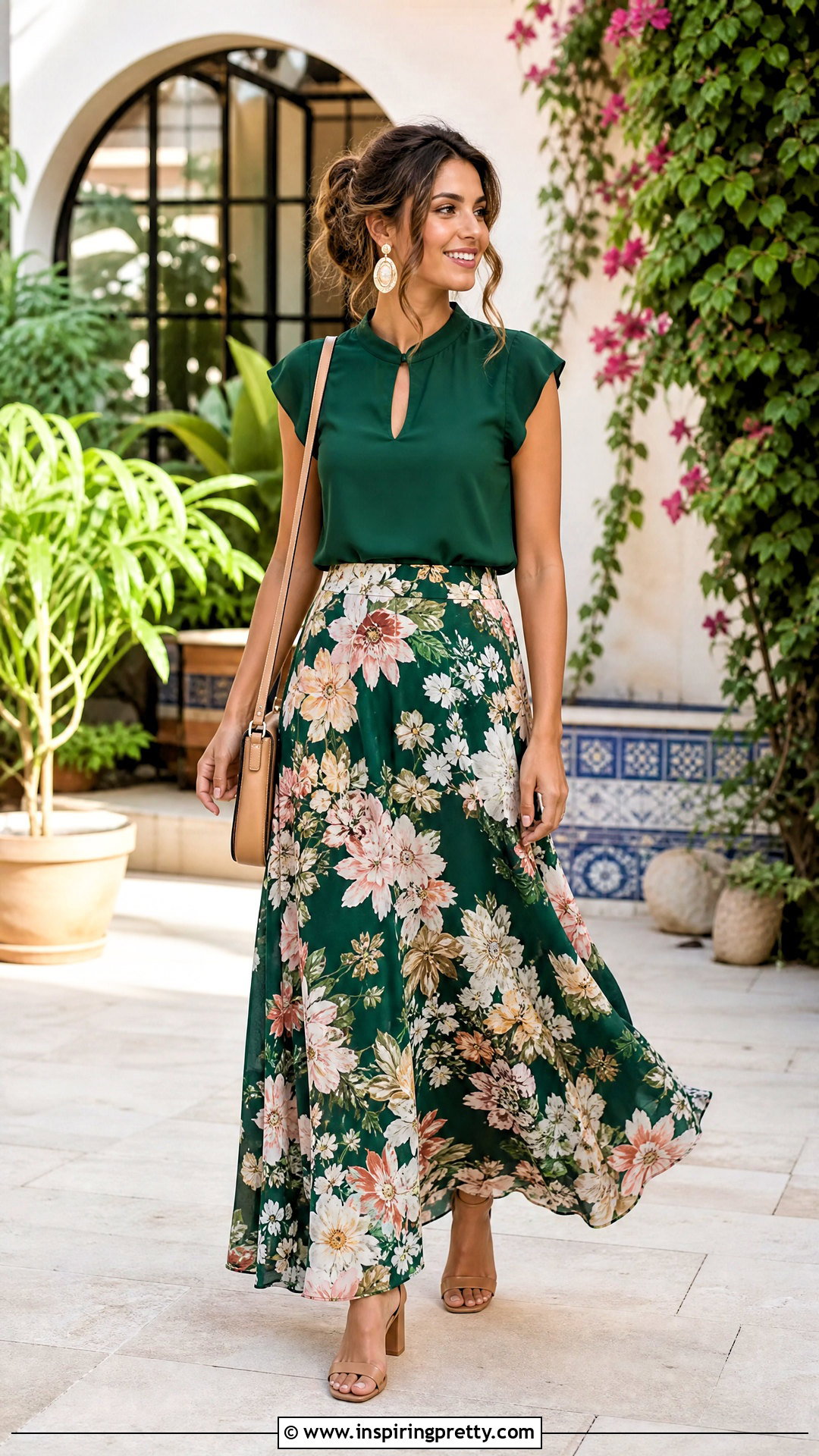 Mandarin Collar Keyhole Top With Printed Maxi Skirt - 25 Mandarin Collar Keyhole Top outfit ideas