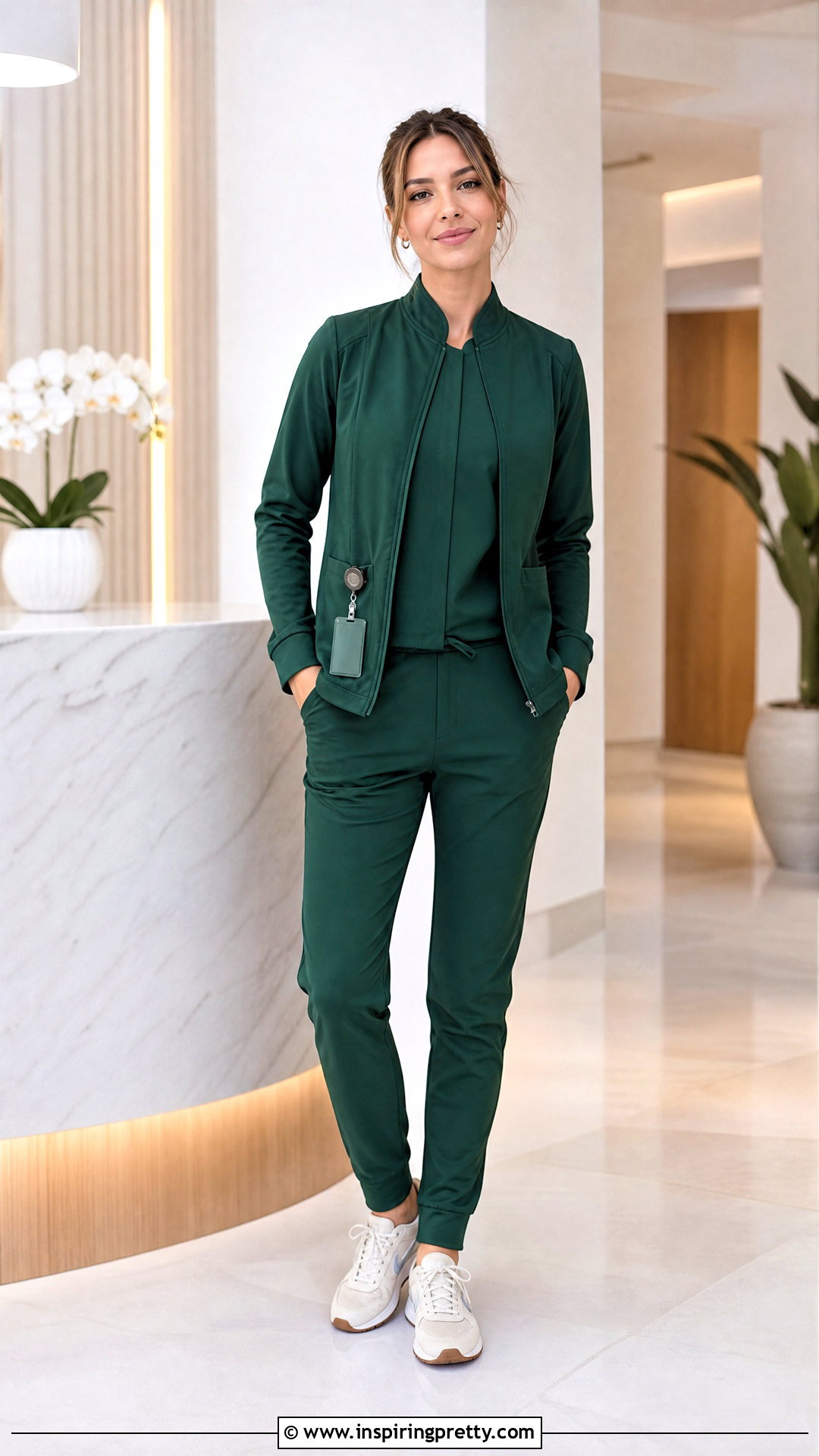 Mandarin Collar Scrub Top With Tapered Pants - 20 Fancy Scrub Tops outfit ideas