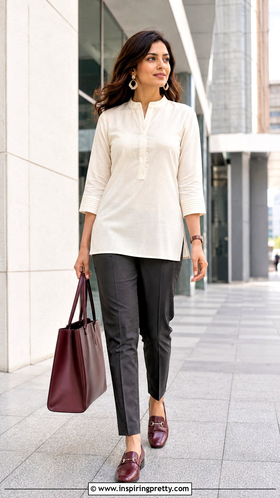 Mandarin Collar Short Kurti With Tailored Trousers - 50 short kurti top outfit ideas