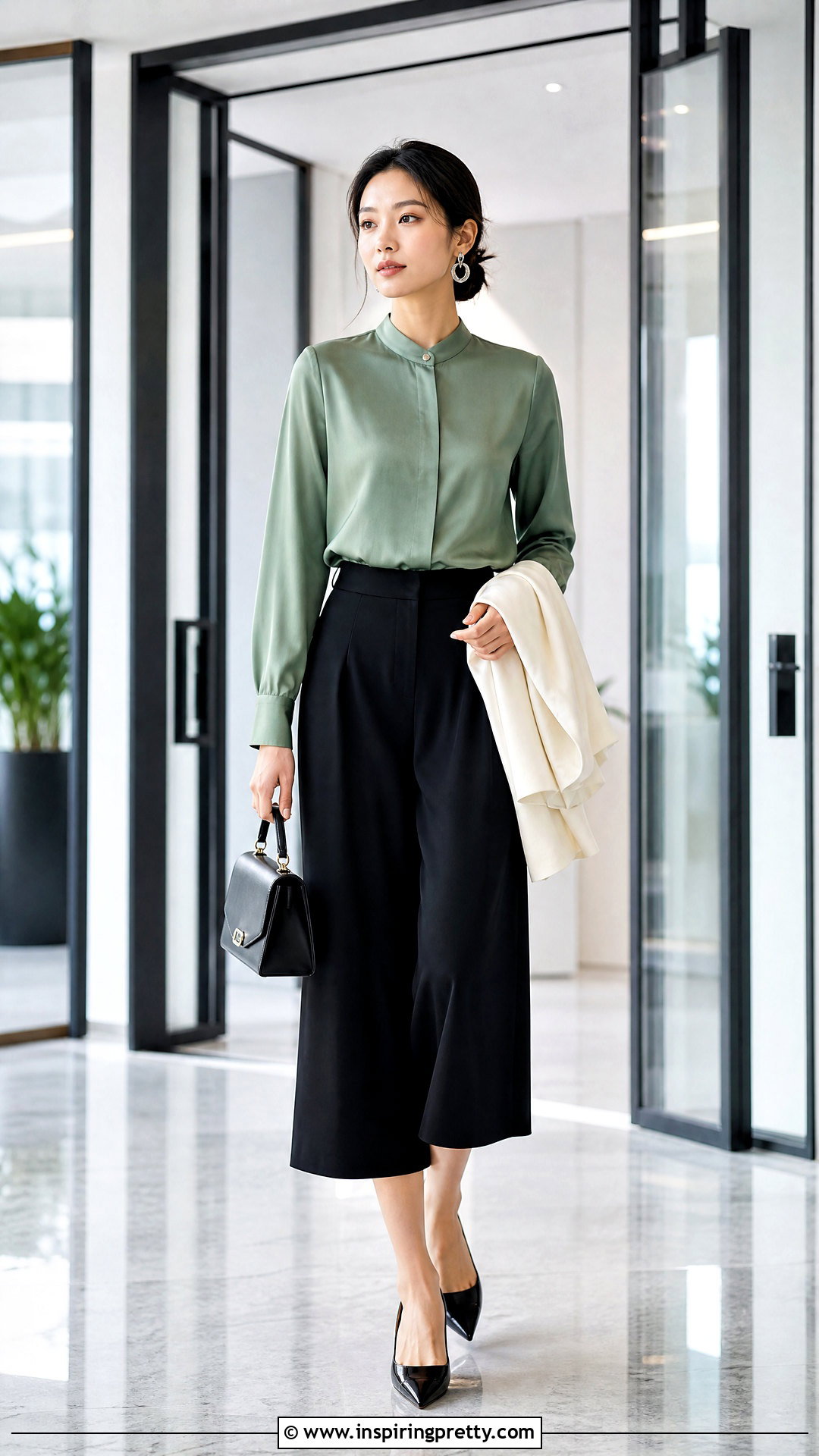Mandarin Collar Silk Blouse With Culottes - 50 silk tops blouses