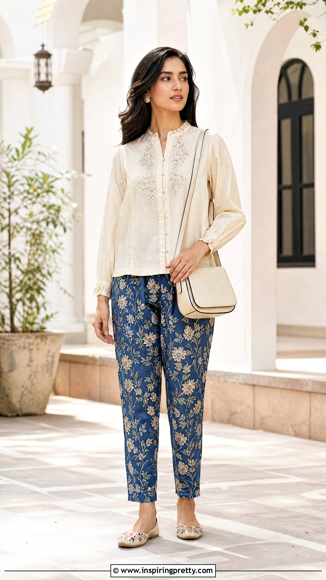 Mandarin Collar Top With Printed Trousers - 50 girls top designs