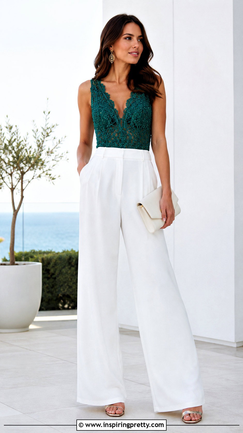 Marciano Beaded Lace Top With White Wide Leg Pants - 20 marciano beaded lace top outfit ideas